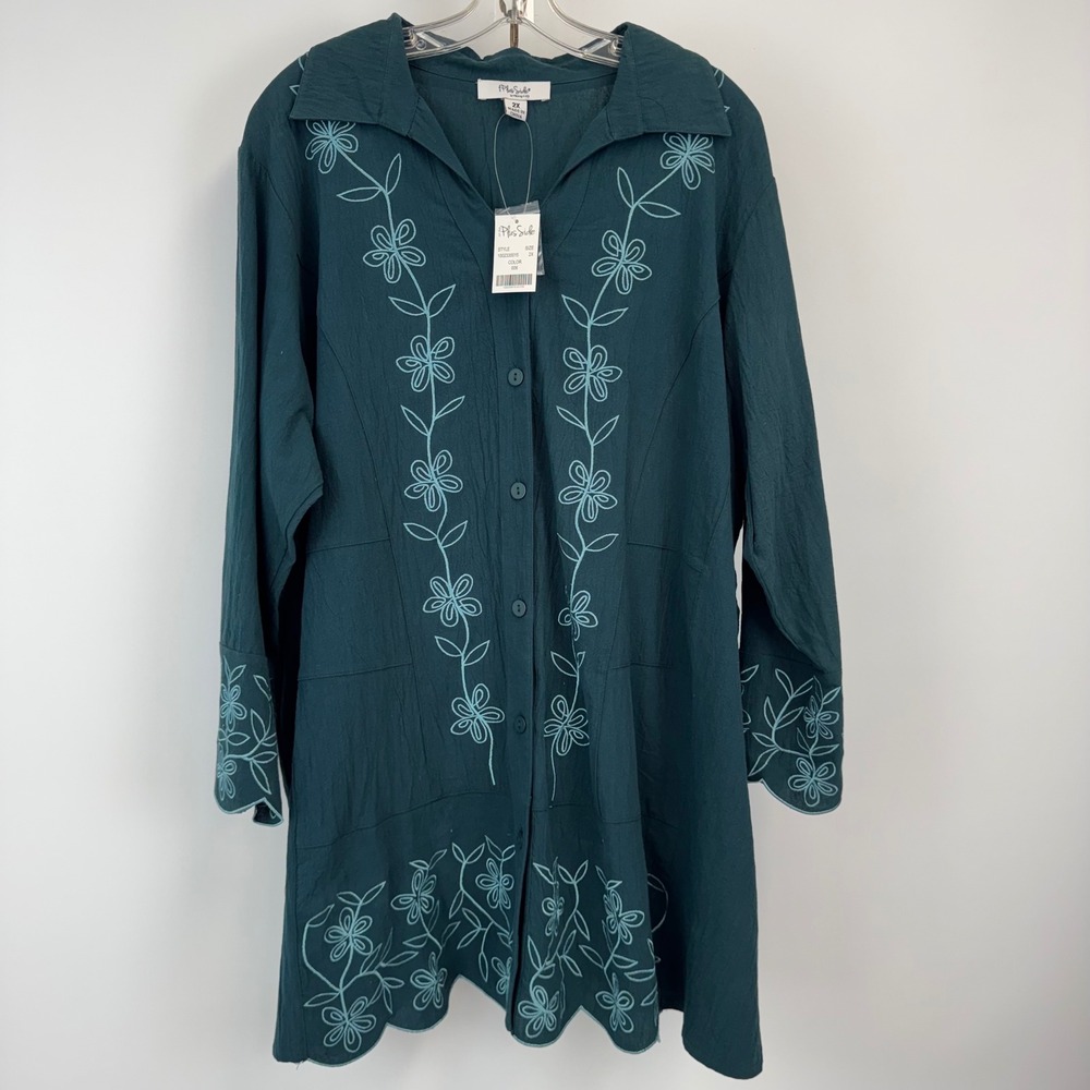 On The Plus Side Teal Embroidered Button Front Tunic Top‎ 2X NWT